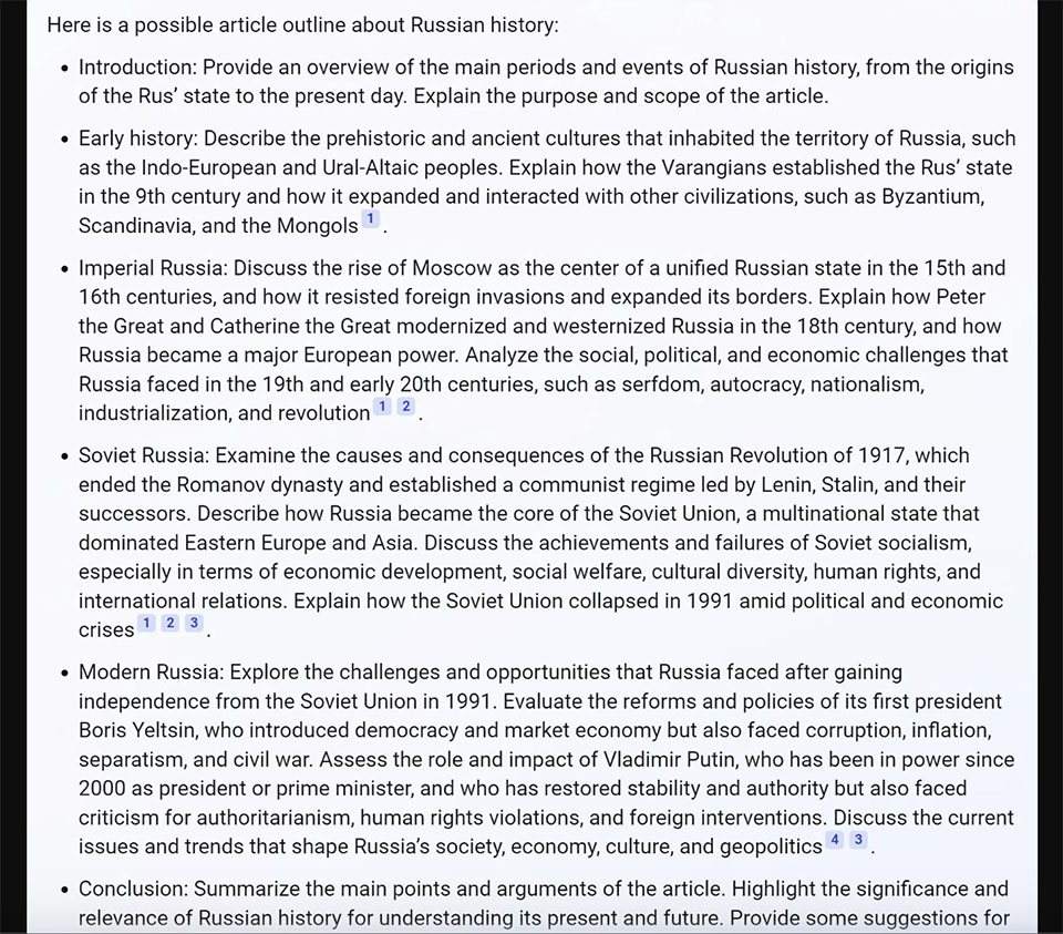 Yêu cầu cung cấp một đề cương bài viết về lịch sử Nga.